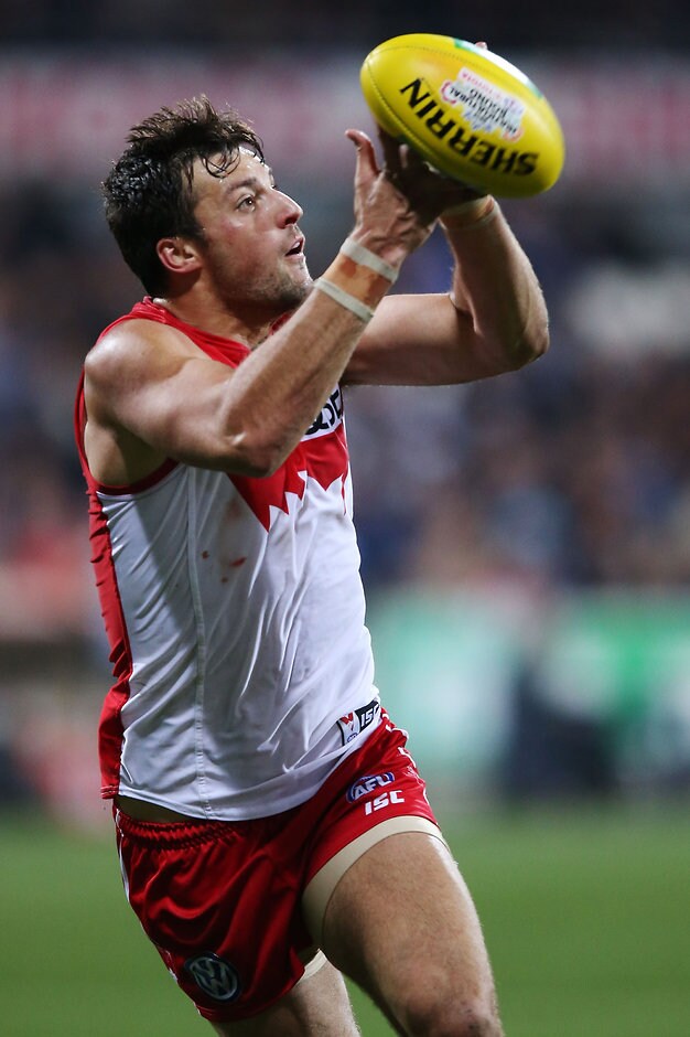AFL 2015 Rd 19 - Geelong v Sydney GEELONG, AUSTRALIA - AUGUST 8: Toby Nankervis of the Swans marks the ball during the 2015 AFL round 19 match between the Geelong Cats and the Sydney Swans at Simonds Stadium, Geelong, Australia on August 8, 2015. (Photo by Michael Dodge/AFL Media)